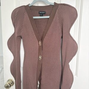 Urban Revivo Brown Sculpted Wave Ribbed Cardigan